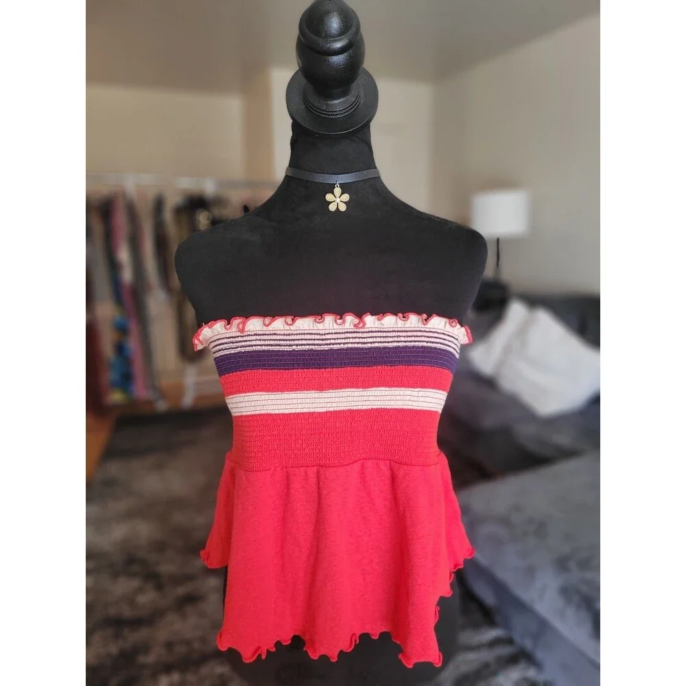 Free People Free To Be Striped Ruffle Edge Hem Stretchy Boho Tube Top Size M NWT